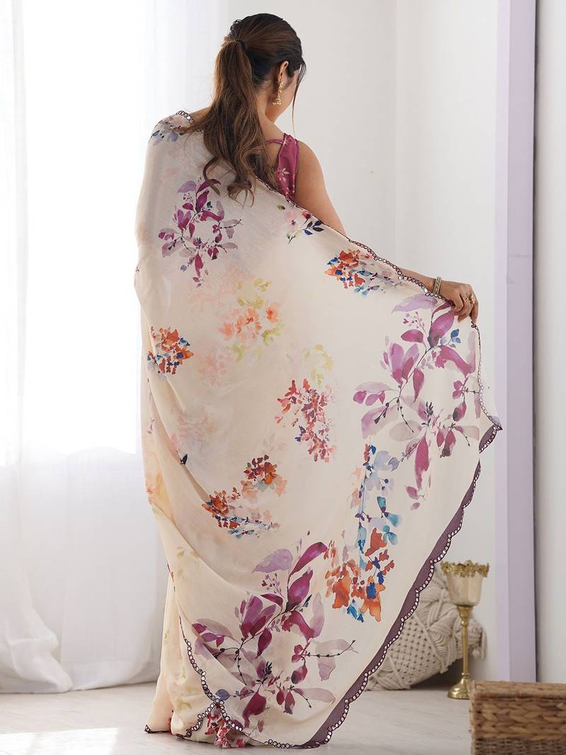 Peach floral printed mirror work chinon saree