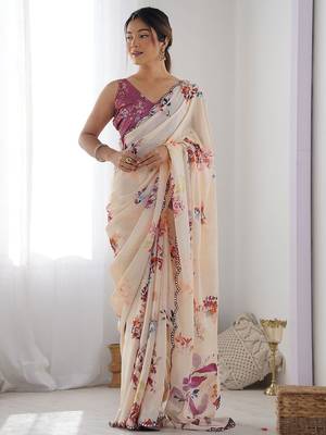 Peach floral printed mirror work chinon saree 3