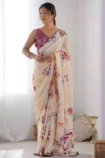 Peach floral printed mirror work chinon saree