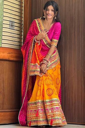 Orange bandhani embroidered pure chiffon saree