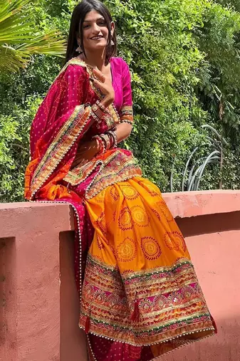 Orange bandhani embroidered pure chiffon saree