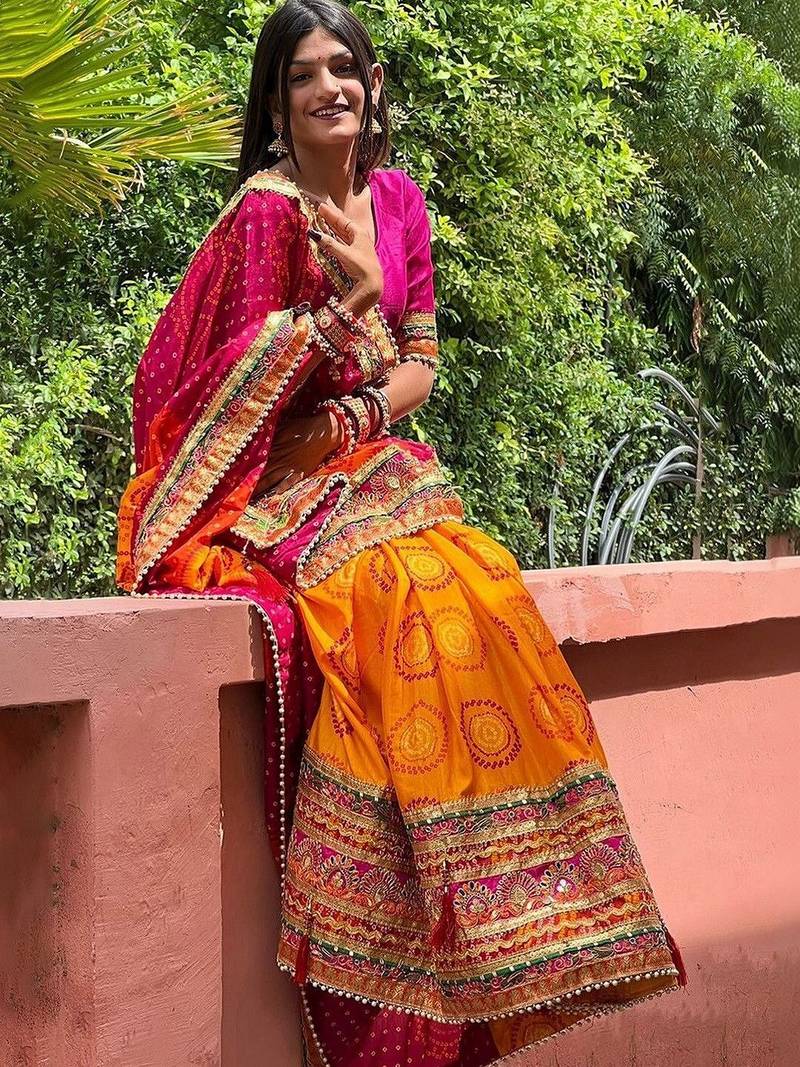 Orange bandhani embroidered pure chiffon saree
