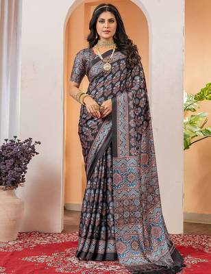 Black floral ajrak poly crepe block print saree 1