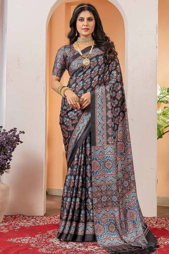 Black floral ajrak poly crepe block print saree