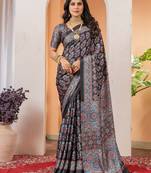 Black floral ajrak poly crepe block print saree