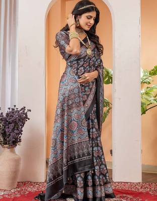 Black floral ajrak poly crepe block print saree 2
