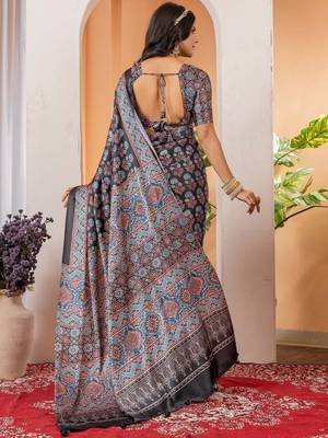 Black floral ajrak poly crepe block print saree 3