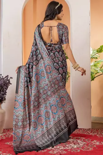 Black floral ajrak poly crepe block print saree