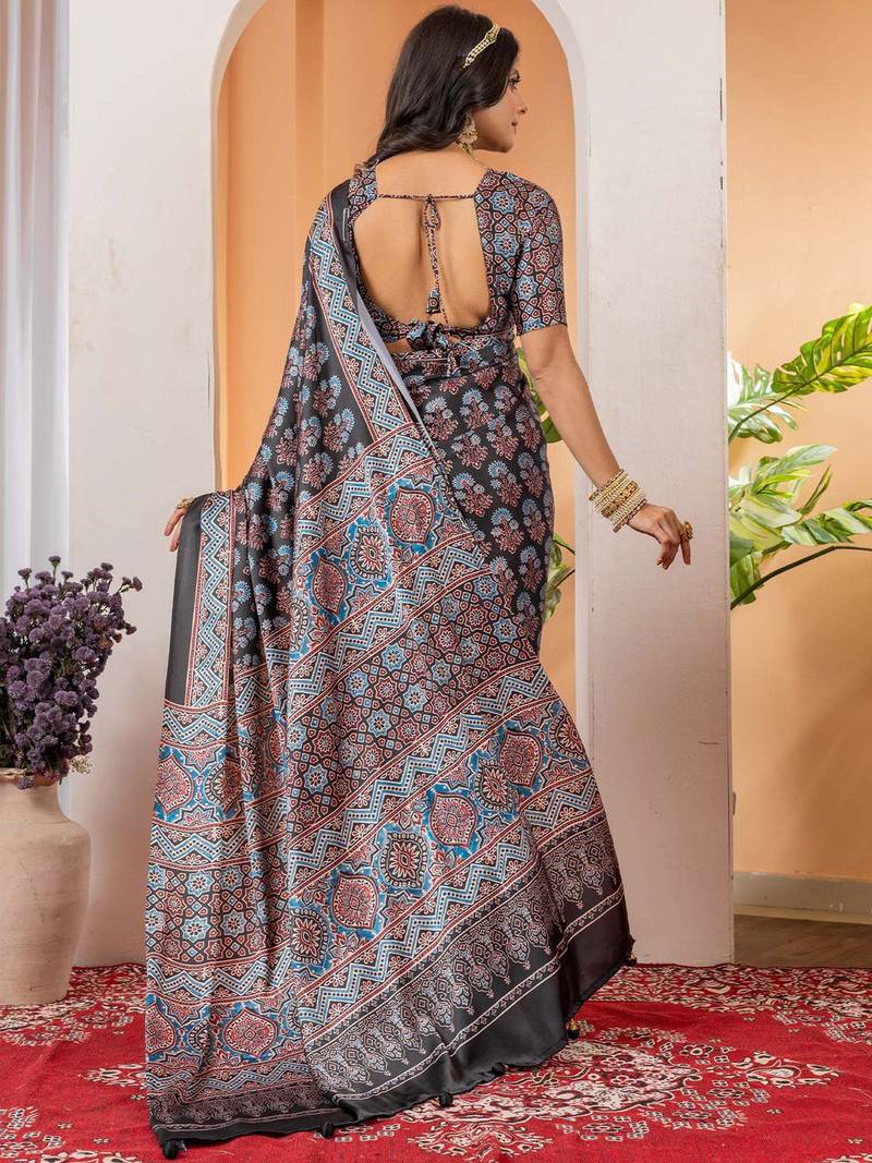 Black floral ajrak poly crepe block print saree