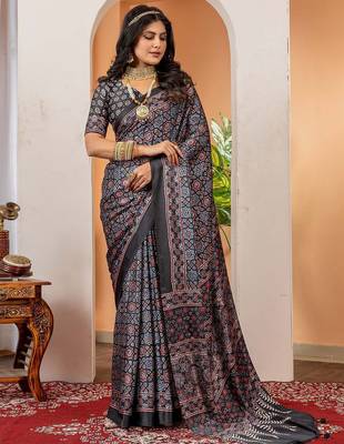 Black ethnic motifs ajrak poly crepe block print saree 1