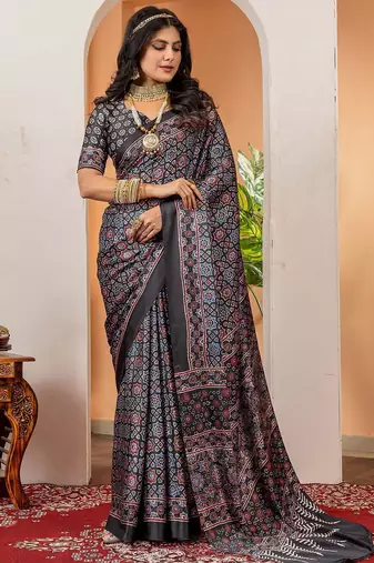 Black ethnic motifs ajrak poly crepe block print saree
