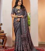 Black ethnic motifs ajrak poly crepe block print saree