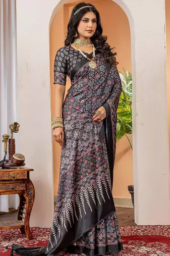 Black ethnic motifs ajrak poly crepe block print saree