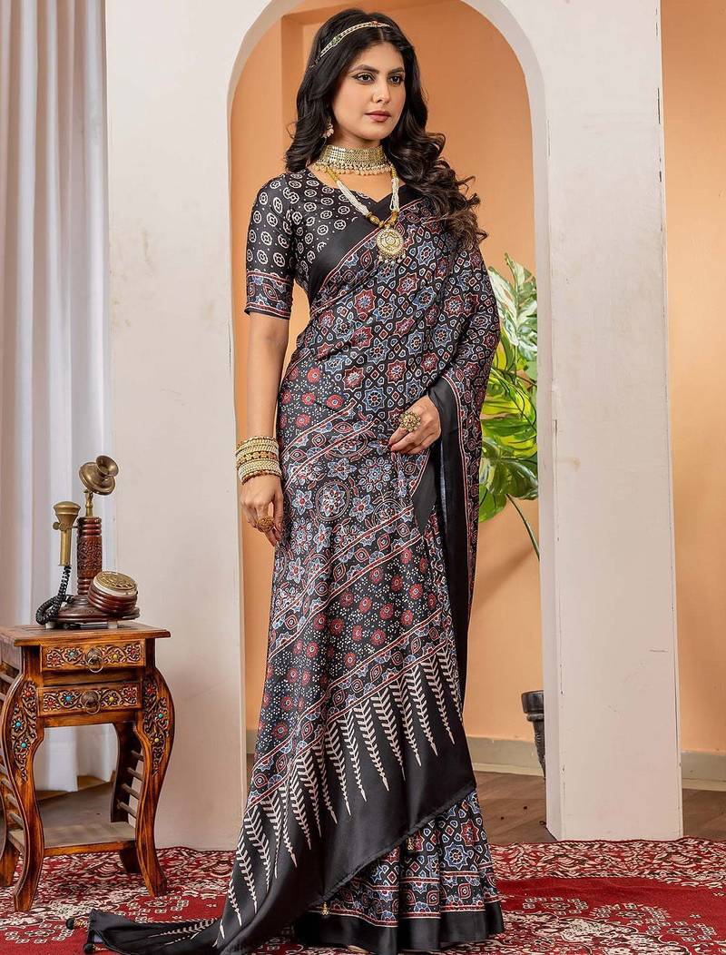 Black ethnic motifs ajrak poly crepe block print saree