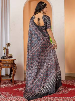 Black ethnic motifs ajrak poly crepe block print saree 3