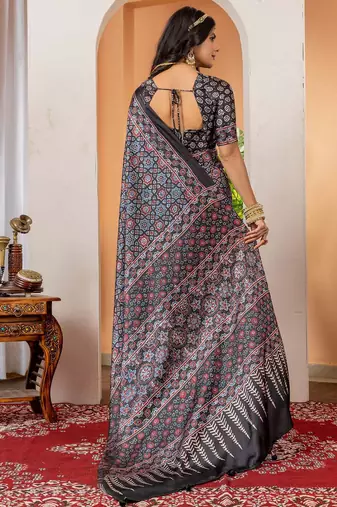 Black ethnic motifs ajrak poly crepe block print saree