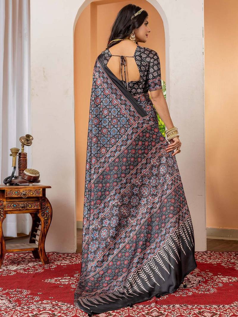 Black ethnic motifs ajrak poly crepe block print saree