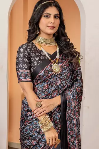 Black ethnic motifs ajrak poly crepe block print saree