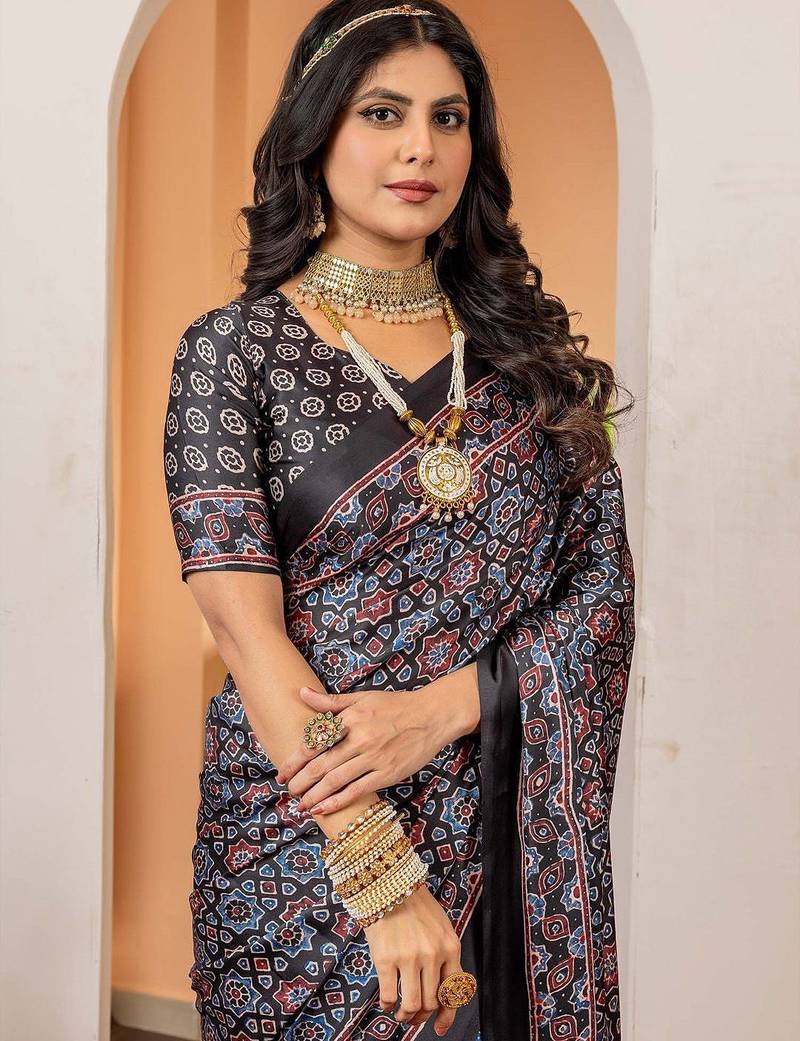 Black ethnic motifs ajrak poly crepe block print saree