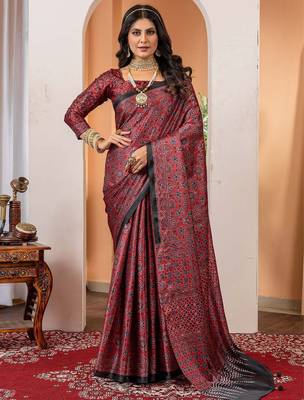 Maroon floral ajrak poly crepe block print saree 1