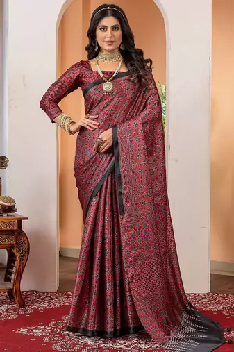 Maroon floral ajrak poly crepe block print saree