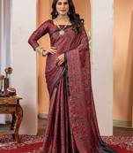 Maroon floral ajrak poly crepe block print saree