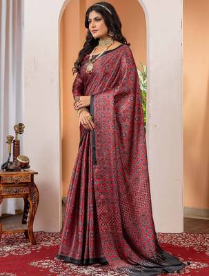 Maroon floral ajrak poly crepe block print saree 2