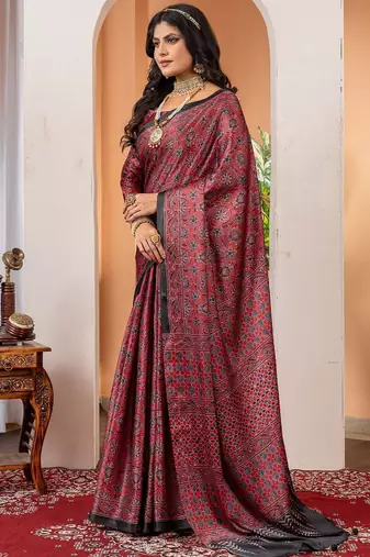 Maroon floral ajrak poly crepe block print saree