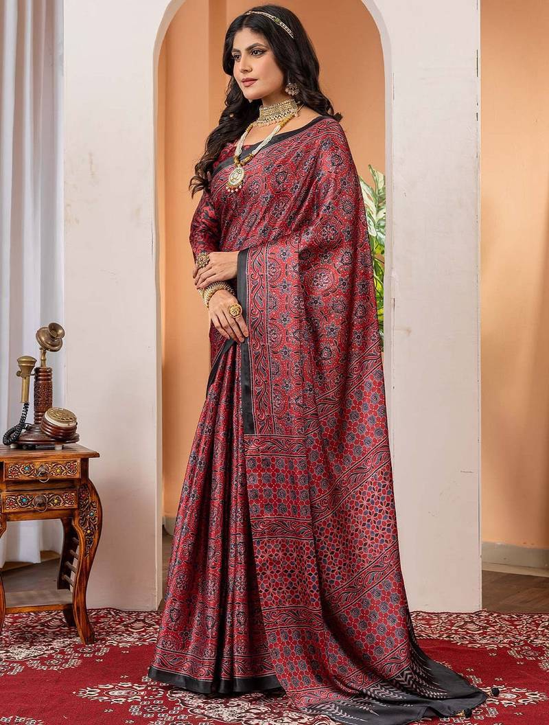 Maroon floral ajrak poly crepe block print saree