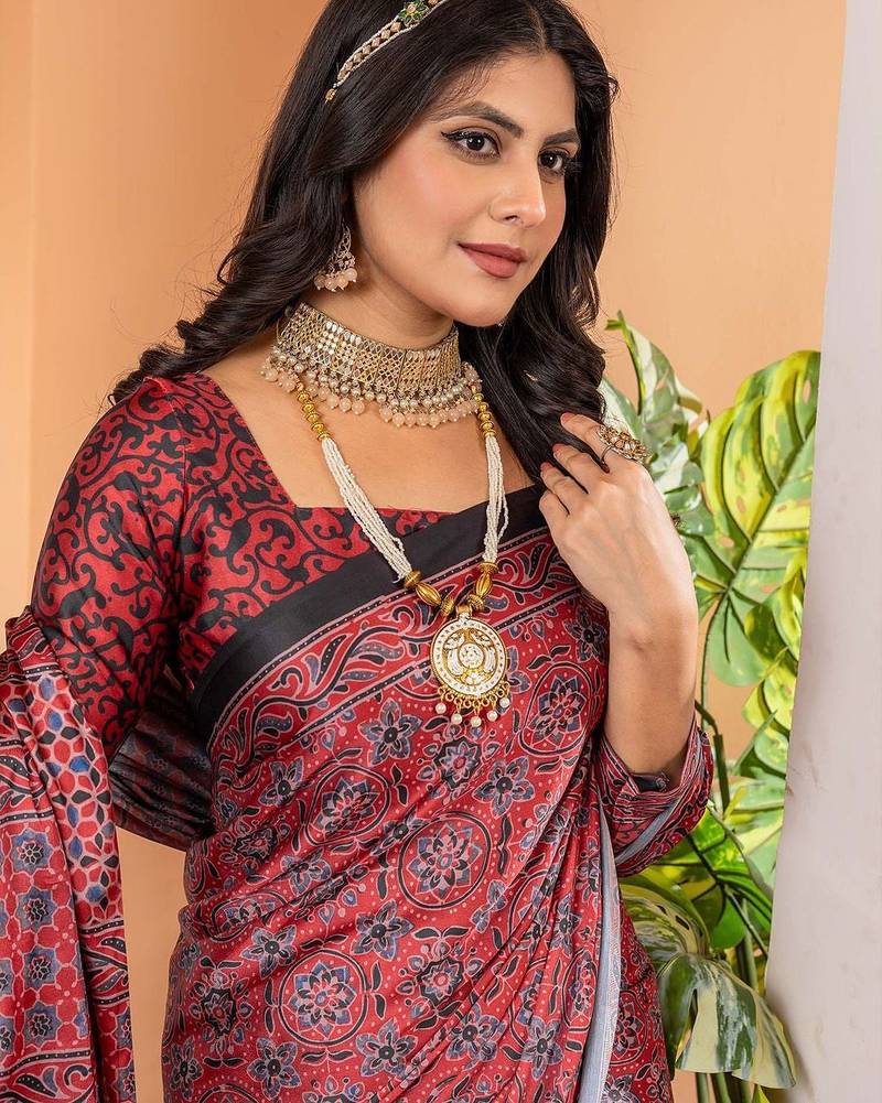 Maroon floral ajrak poly crepe block print saree