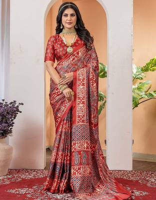 Brown floral ajrak poly crepe block print saree 1