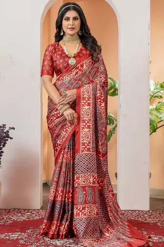 Brown floral ajrak poly crepe block print saree