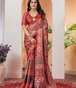 Brown floral ajrak poly crepe block print saree