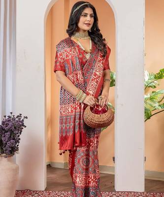 Brown floral ajrak poly crepe block print saree 2