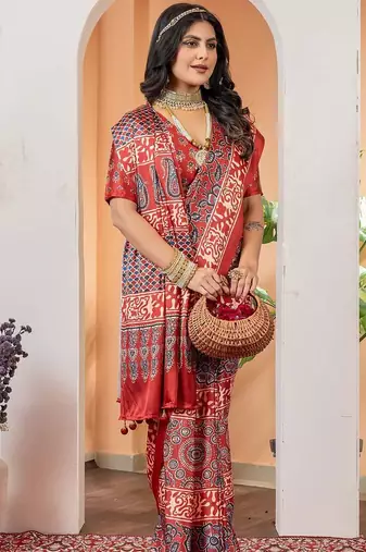 Brown floral ajrak poly crepe block print saree