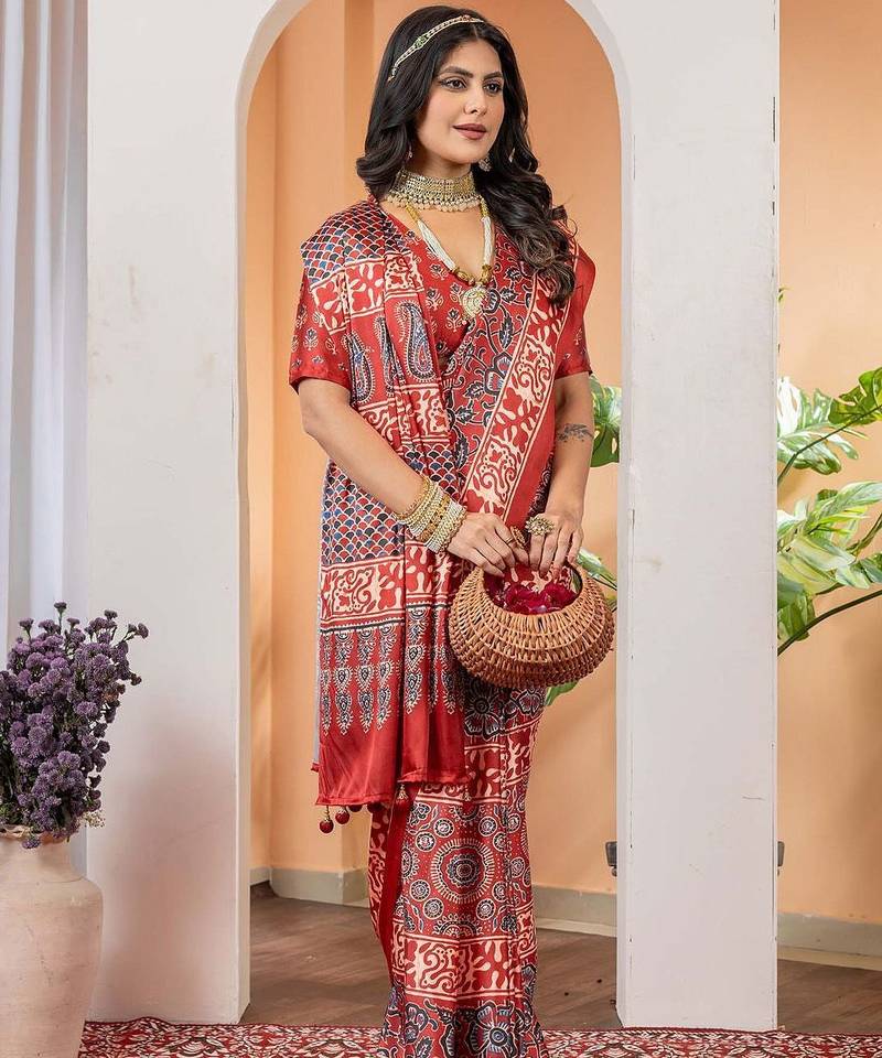 Brown floral ajrak poly crepe block print saree