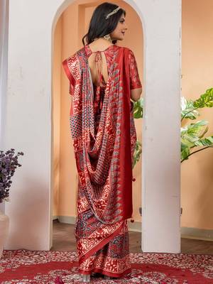 Brown floral ajrak poly crepe block print saree 3