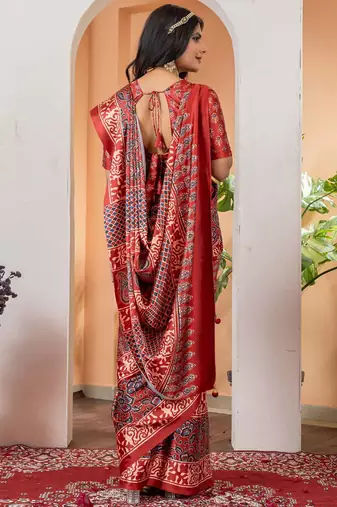 Brown floral ajrak poly crepe block print saree