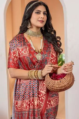 Brown floral ajrak poly crepe block print saree