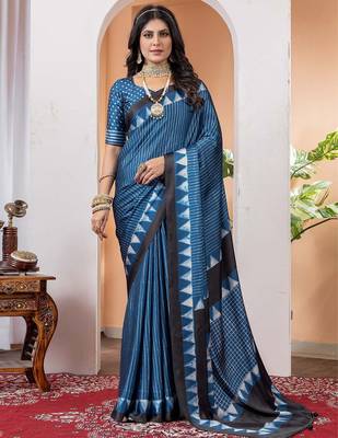 Blue striped poly crepe saree 1