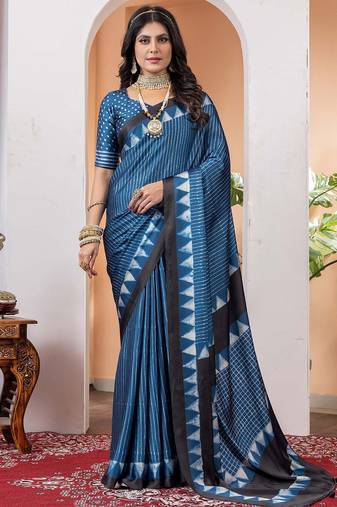 Blue striped poly crepe saree