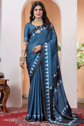 Blue striped poly crepe saree