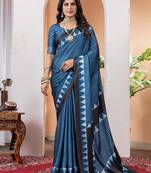 Blue striped poly crepe saree
