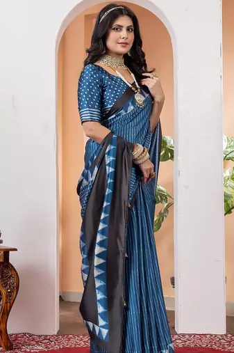Blue striped poly crepe saree