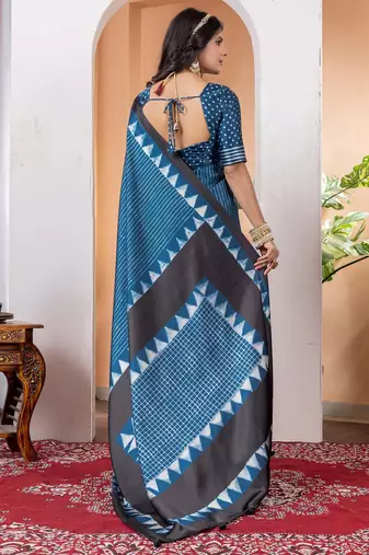 Blue striped poly crepe saree