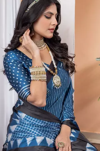 Blue striped poly crepe saree