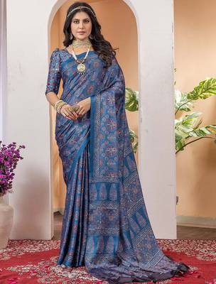 Blue floral ajrak poly crepe block print saree 1