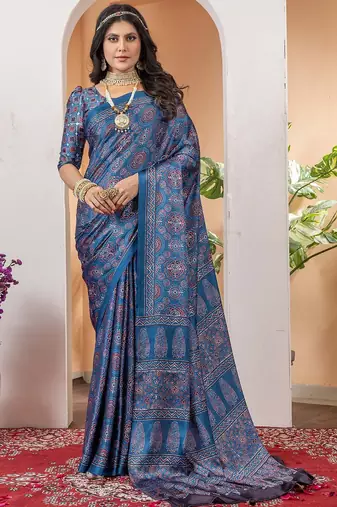 Blue floral ajrak poly crepe block print saree