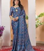 Blue floral ajrak poly crepe block print saree