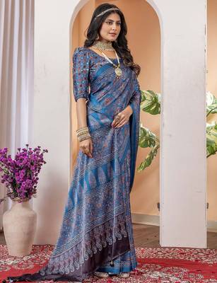 Blue floral ajrak poly crepe block print saree 2